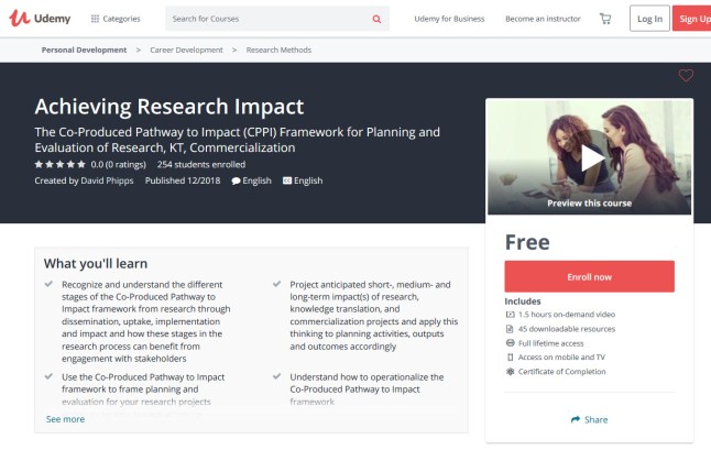 Landing page for David Phipps' course titled Achieving Research Impact